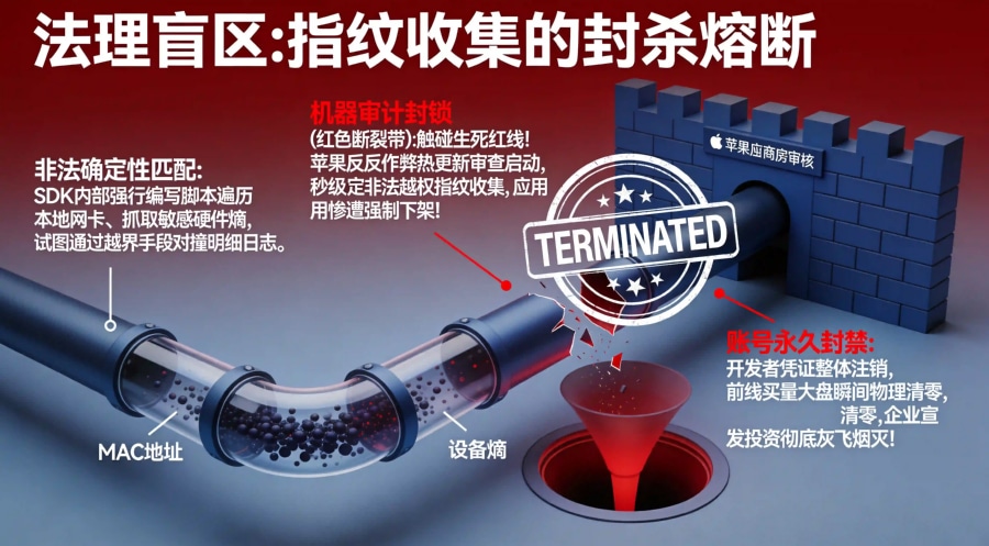 越界收集硬件指纹遭遇苹果反反作弊机器审计强制下架封号流失漏斗模型图