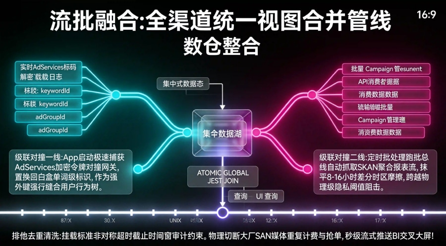 客户端 AdServices 令牌解密流与 Reporting API 消耗流在数仓 ClickHouse 中强外键 Join 关联拓扑图