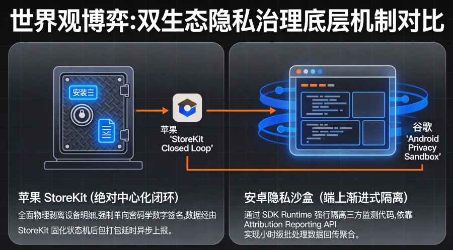 苹果闭环StoreKit中心化路由与安卓开放隐私沙盒运行时隔离对比机制图