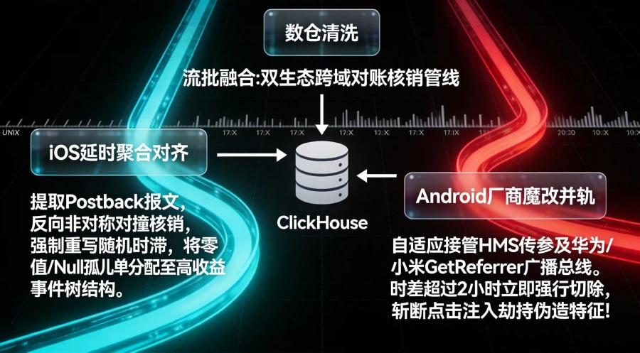 双端归因流式核销、多厂商Referrer对撞与ClickHouse统一时间轴对账时序流转图