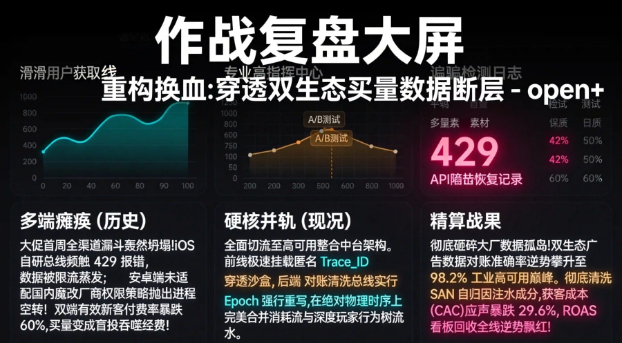 某跨国泛娱乐应用重构归因总线、消除60%对账错位与429限流挽损复盘数据看板