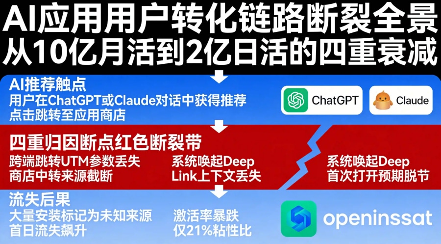 AI应用从推荐到激活四重链路断点：跨端跳转、商店中转、唤起丢失、首次打开脱节导致归因断裂