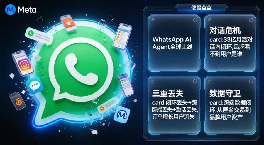 WhatsApp AI Agent全球上线封面图，展示对话式商务闭环吞噬应用商店，33亿月活用户带来三重用户丢失