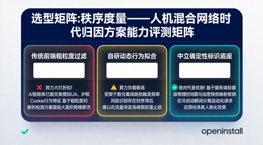 传统前端UA与IP特征过滤、长周期动态行为拟合与应用层确定性标识中台在机器人洪流下的能效评估矩阵大屏