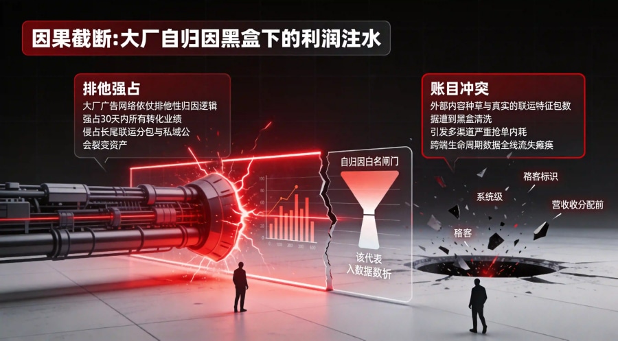 自归因媒体(SAN)排他性强占抢单与多触点重叠记账冲突流失漏斗模型图