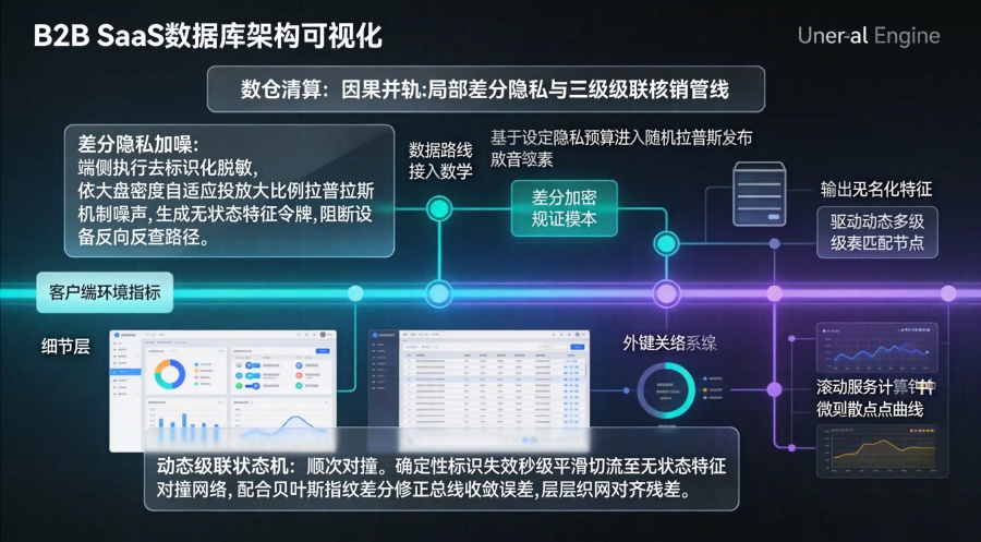 端侧哈希去标识化脱敏、拉普拉斯机制噪声注入与三级动态级联状态机合并时序拓扑图
