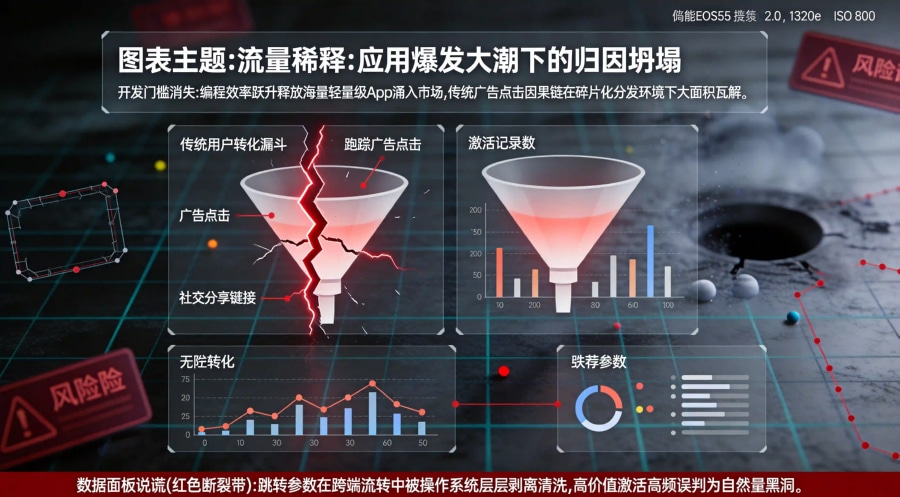 代码门槛下沉引发应用爆发洪灾与传统点击渠道参数流失阻断漏斗模型图