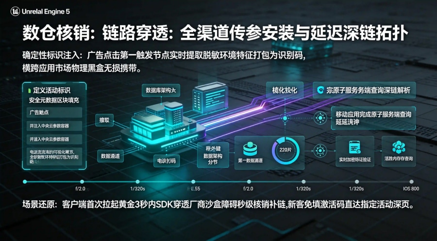 端侧传参安装标识注入、延迟深度链接跨商店跳转与首次启动场景还原技术管线拓扑图