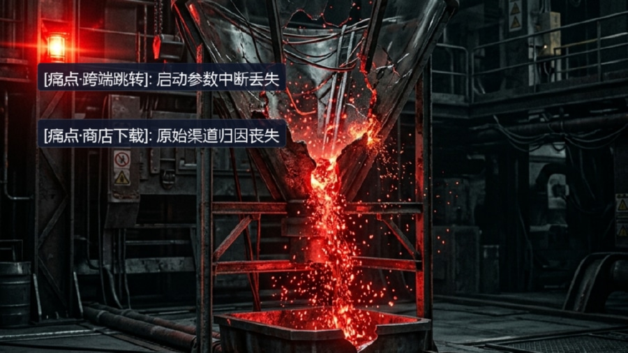 传统的跨端跳转与商店下载链路,在跳转和下载中参数丢失,导致转化率腰斩的流失漏斗模型。