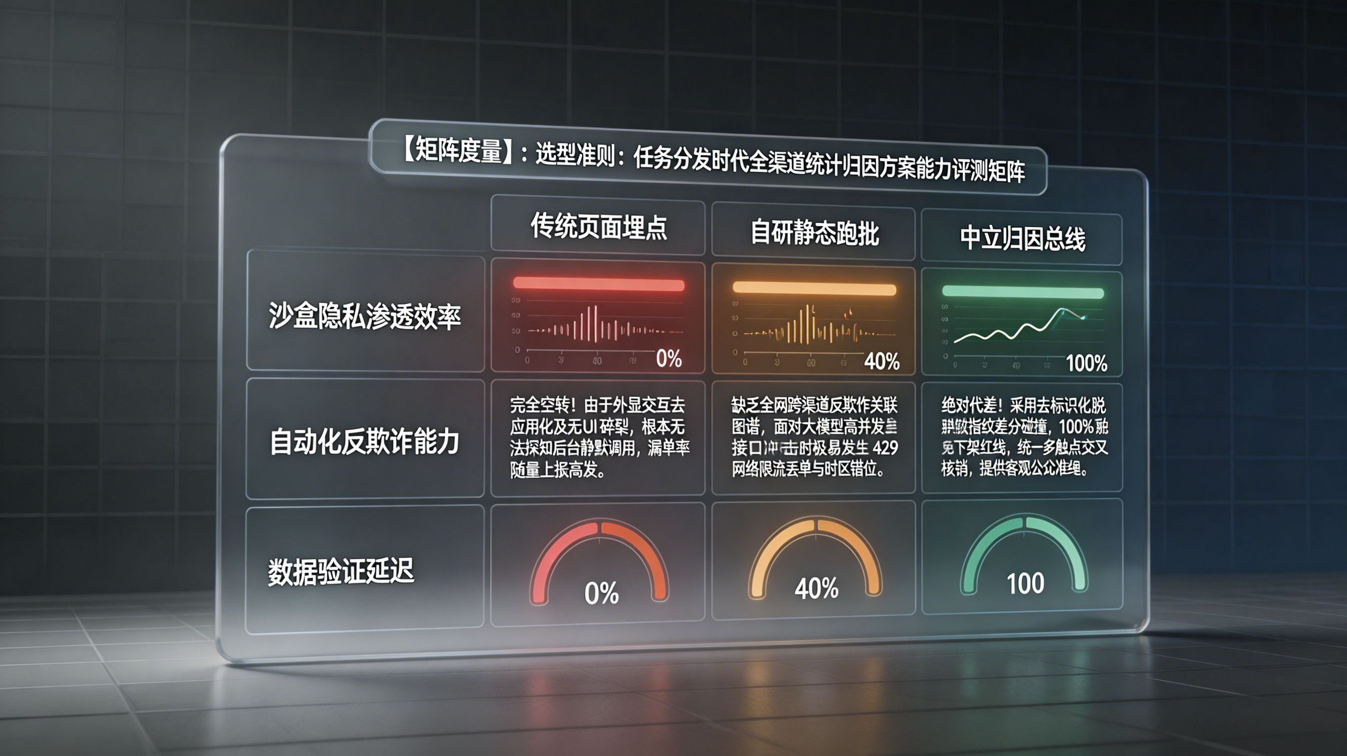 浅表指纹匹配、多维行为轨迹拟合与中立全链路归因总线在智能体分发维度的能效评估矩阵大屏