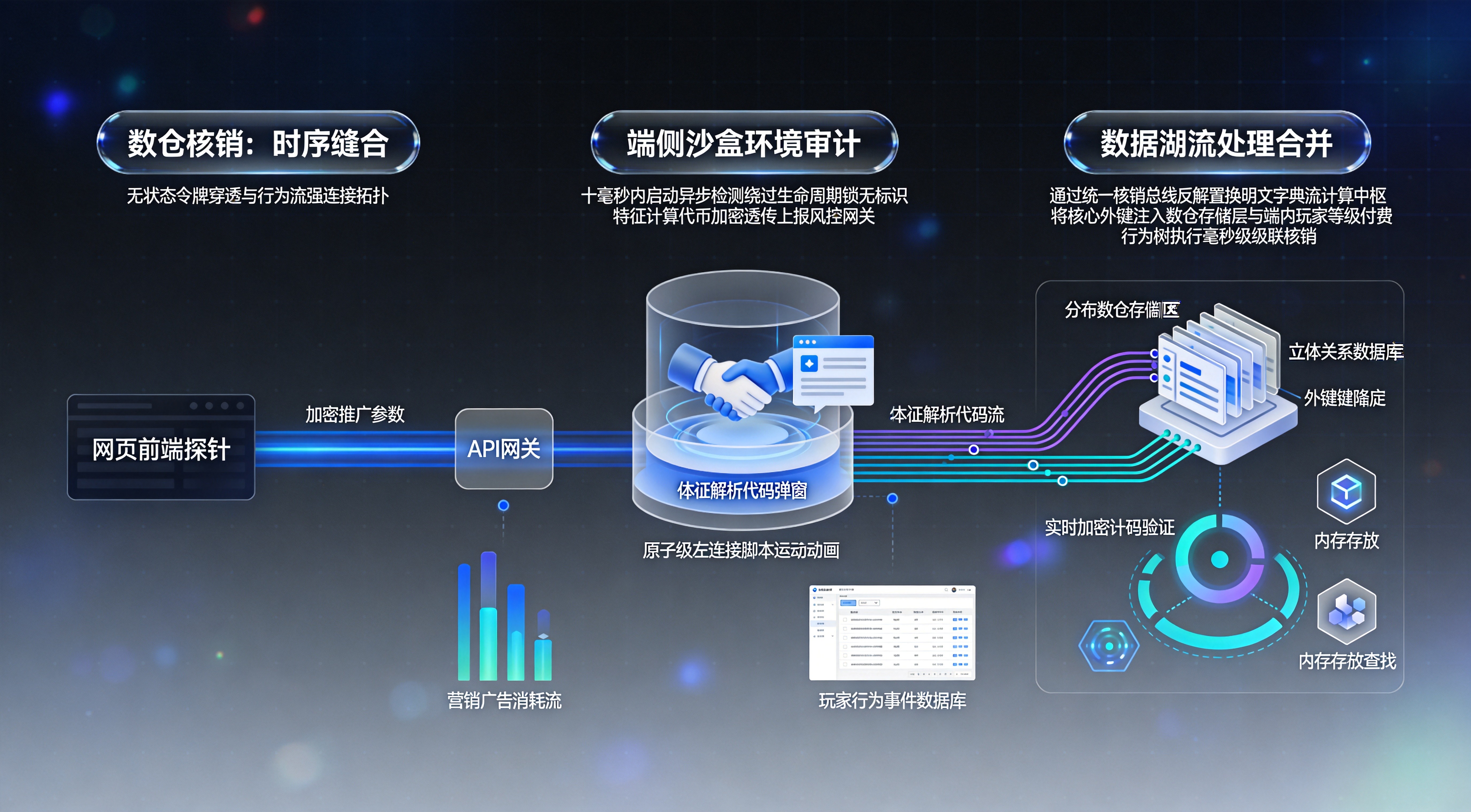 端侧沙盒环境审计、无状态Token云端缓存透传与分布式数仓外键强Join核销技术管线拓扑图