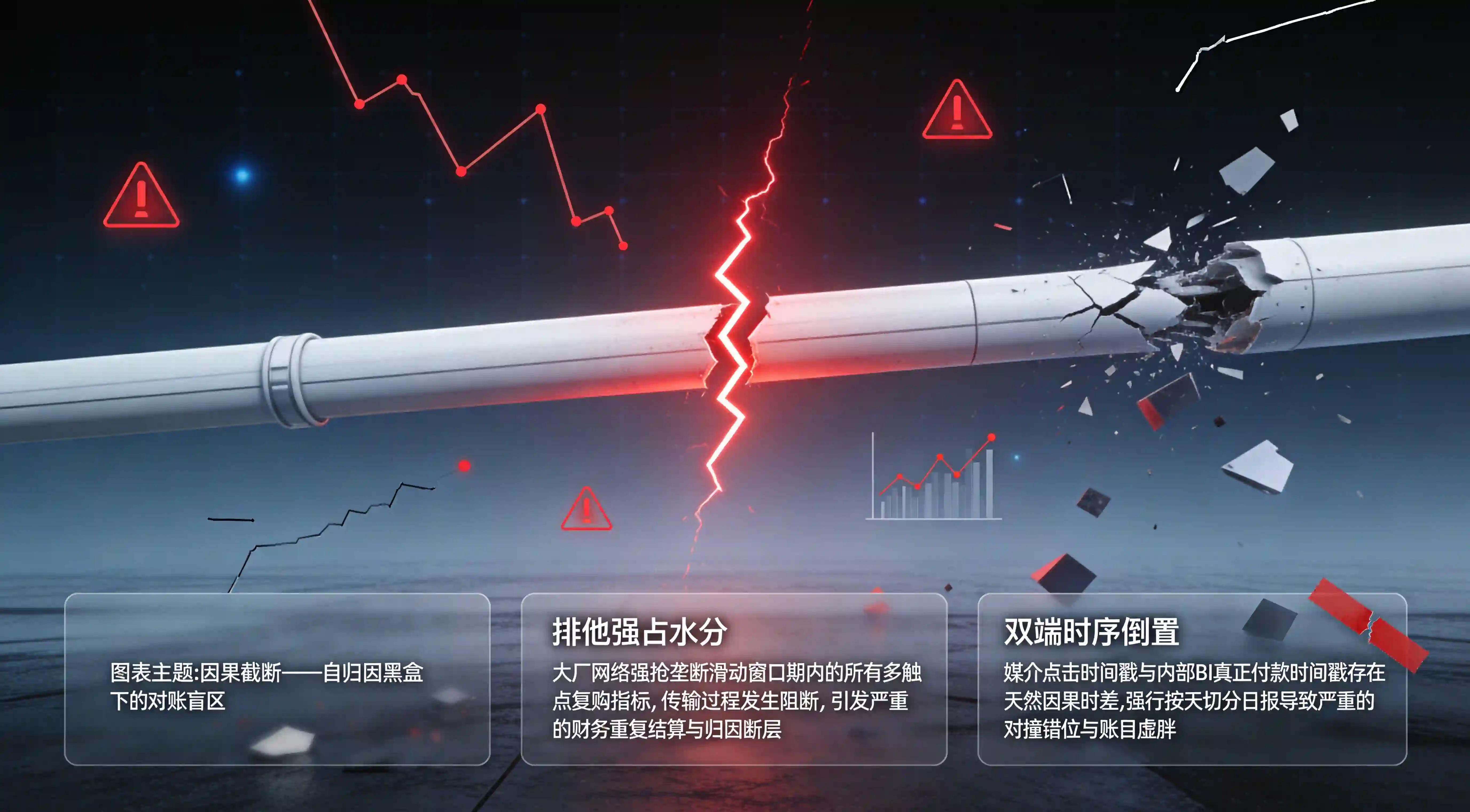 媒体自归因排他性强占与双端时间轴错位冲突导致对账盲区流失漏斗模型图