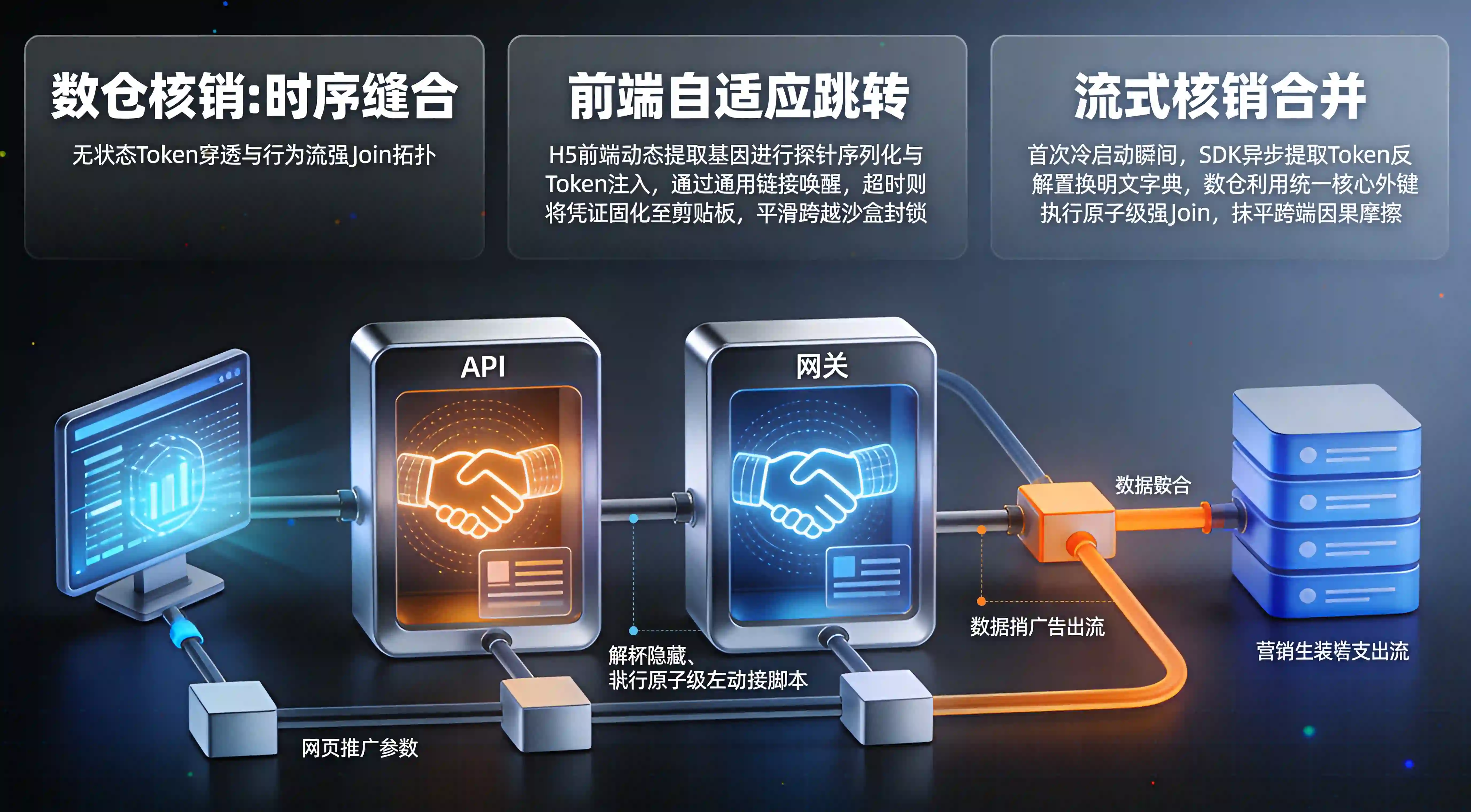 H5前端动态参数提取、无状态Token传参安装与服务端分布式数仓外键合并核销技术管线拓扑图