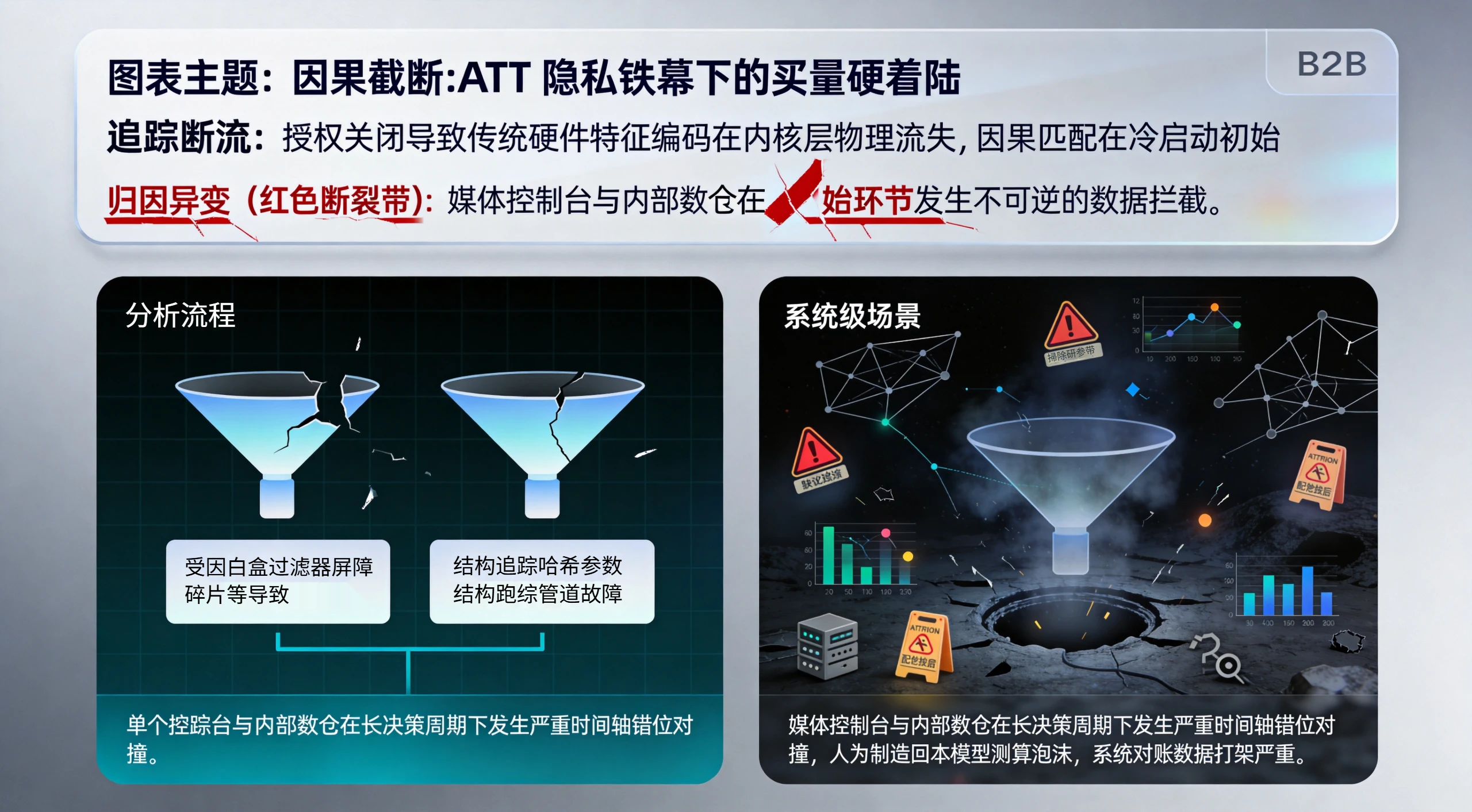 ATT隐私铁幕权限截断与大厂自归因抢单强占冲突导致利润注水流失漏斗模型图