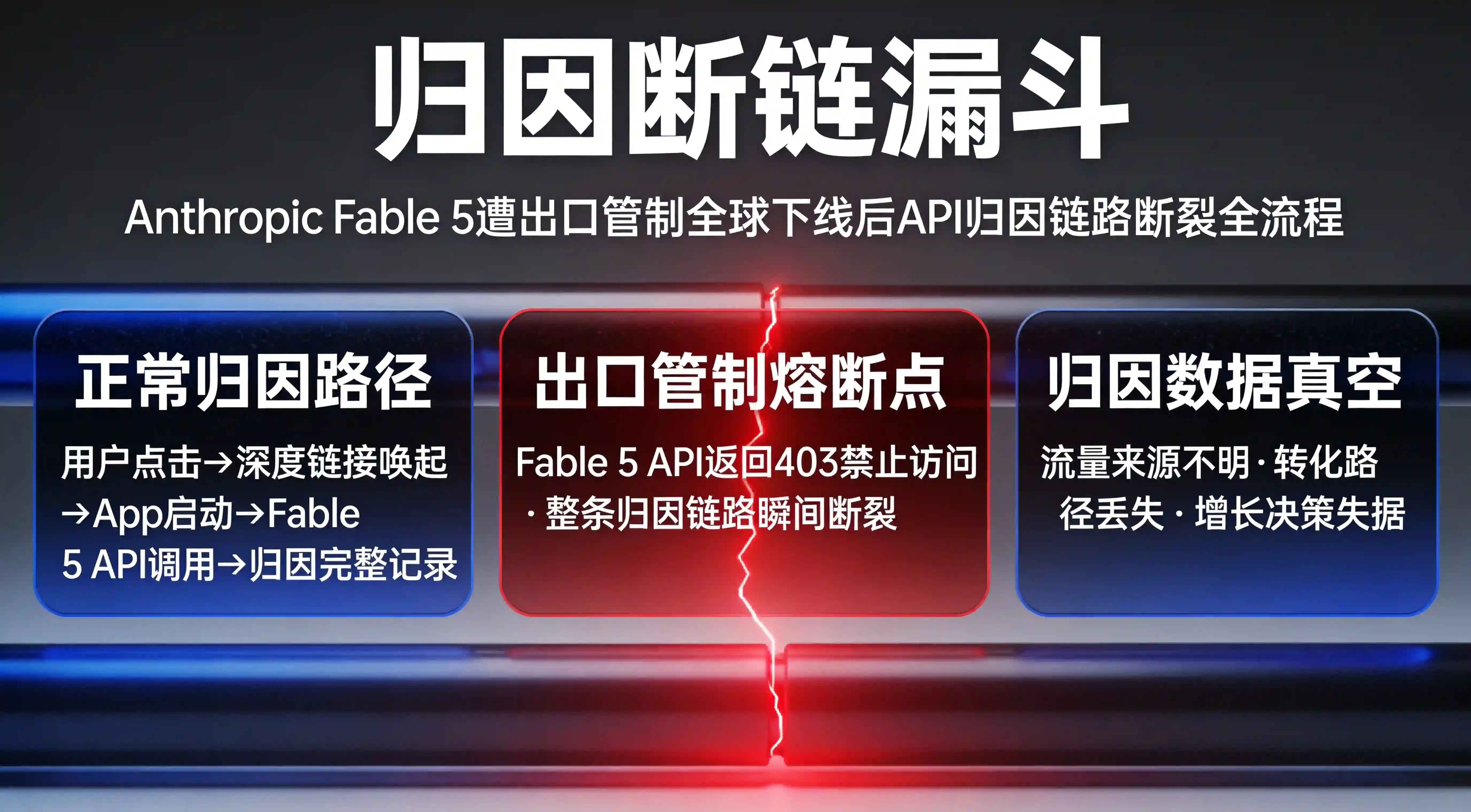 Fable 5出口管制导致API归因断链漏斗图