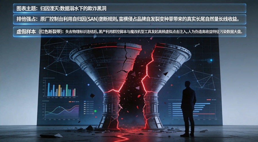 隐私铁幕拦截授权、原厂排他性自归因强占与虚拟点击注入欺诈流失漏斗模型图