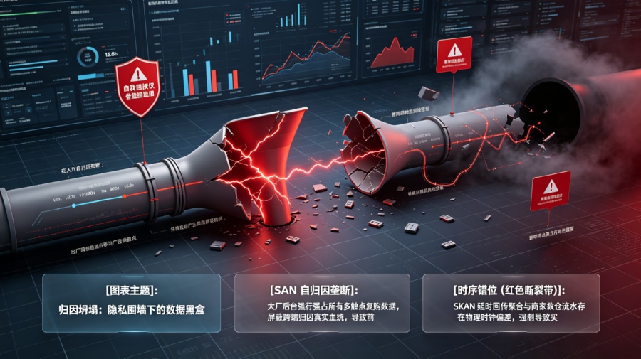 SKAN延时聚合黑盒与媒体自归因抢单导致数据断层流失漏斗模型图