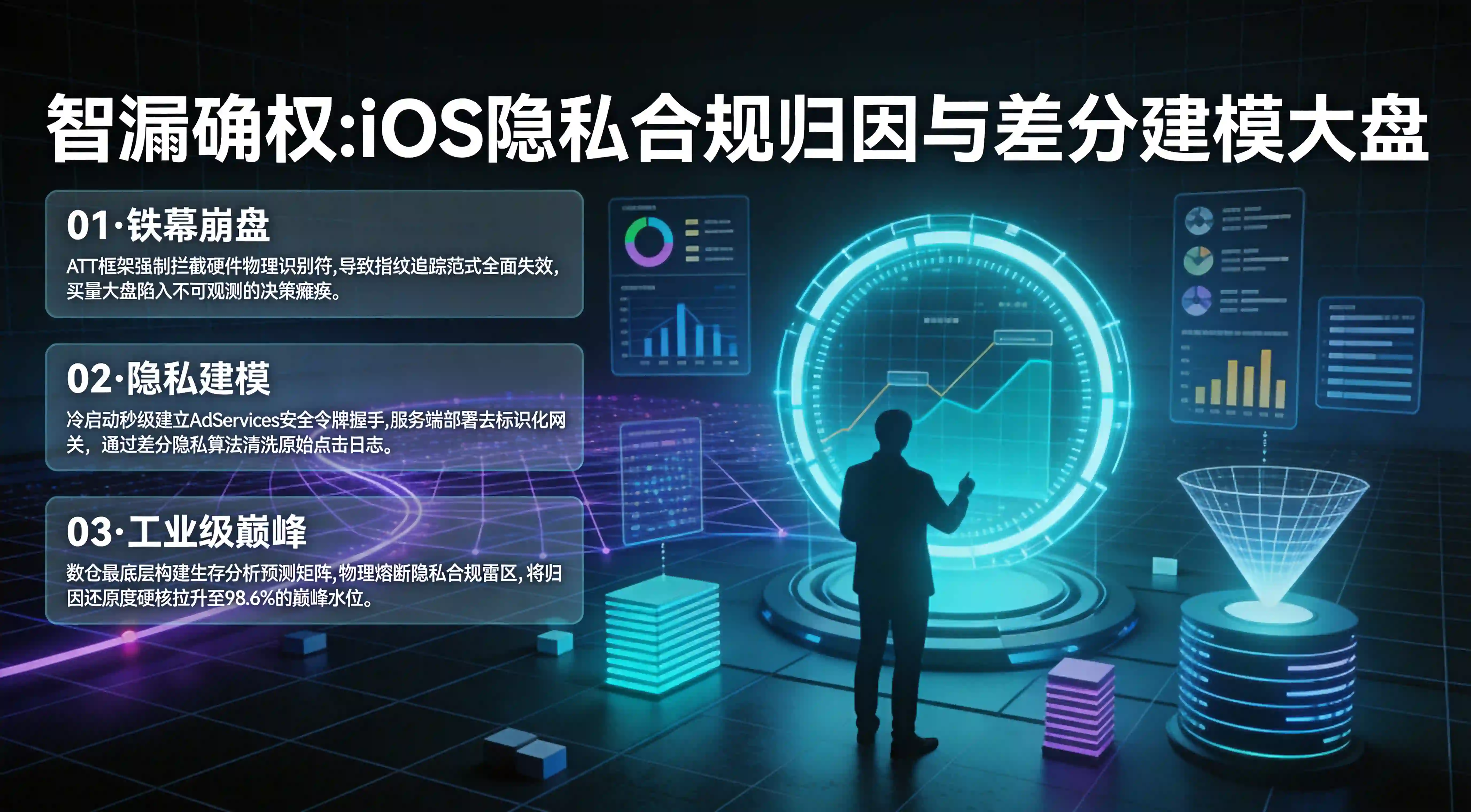 iOS隐私合规归因建模、数据采集最小化与差分隐私全渠道统计全景总结海报