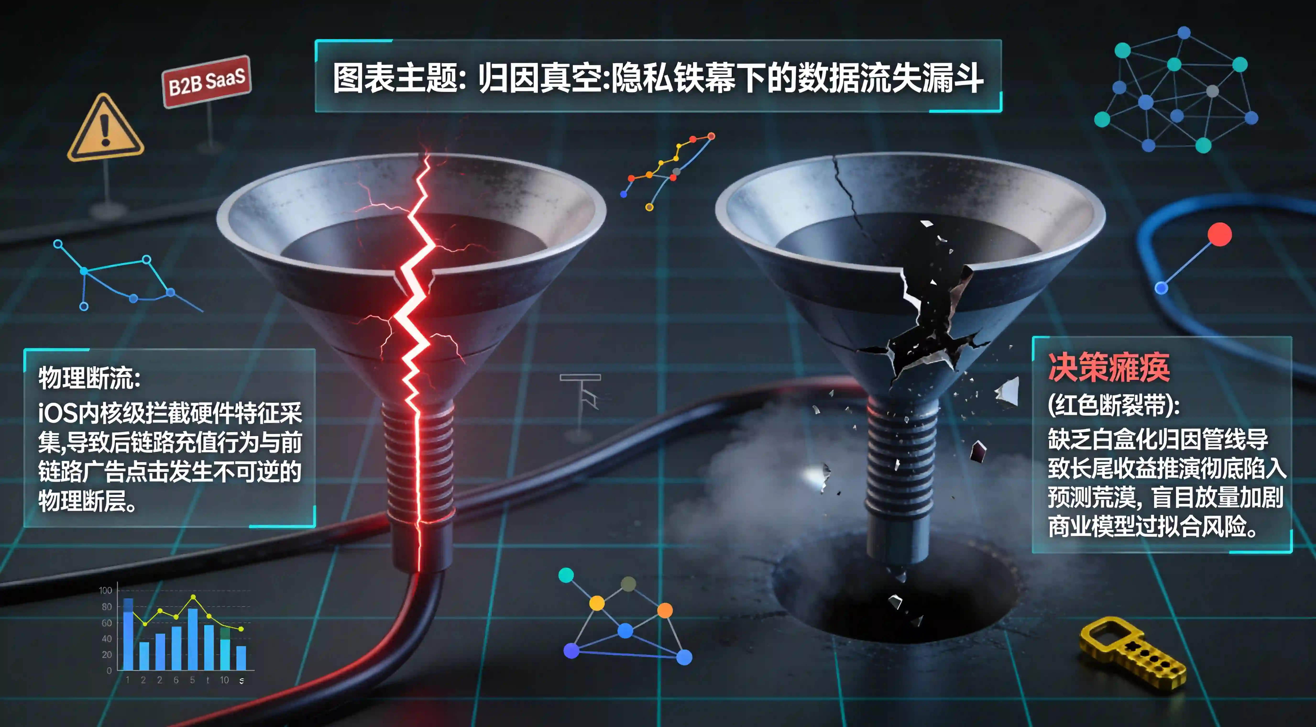ATT权限截断引发归因数据真空与传统指纹追踪范式崩盘流失漏斗模型图