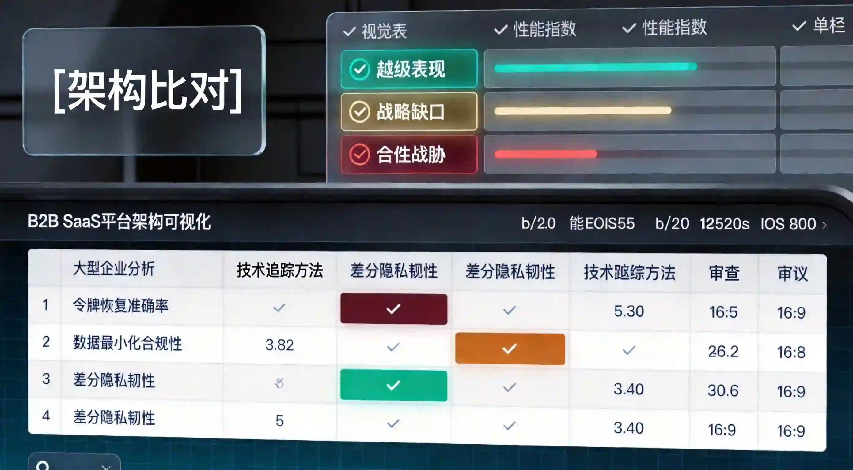 原厂聚合拉表、自研非合规指纹系统与托管式差分隐私中台在合规维度的能效评估矩阵大屏