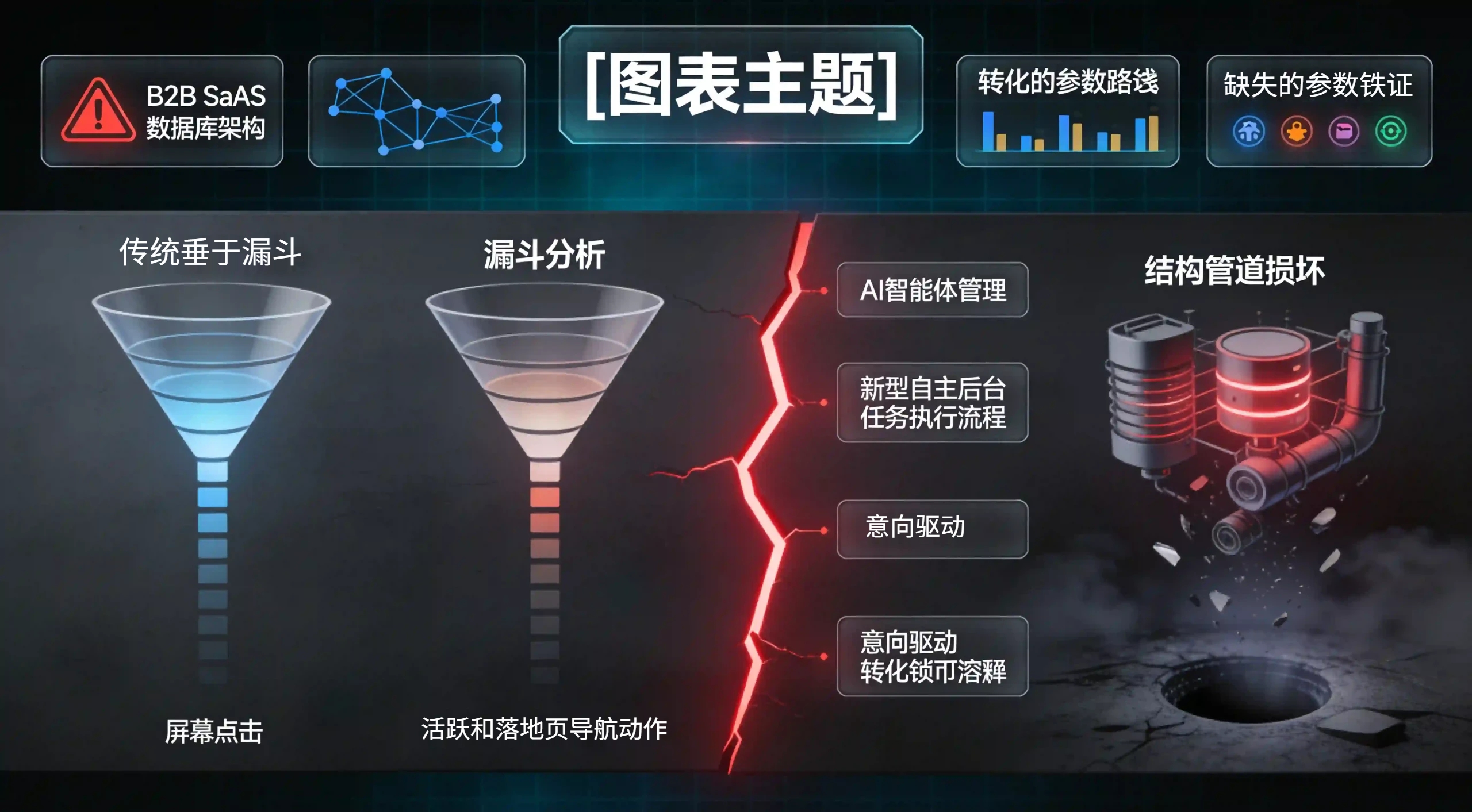 主动点击流量与AI智能体意图流量对比漏斗模型，展示归因黑盒形成的物理断层