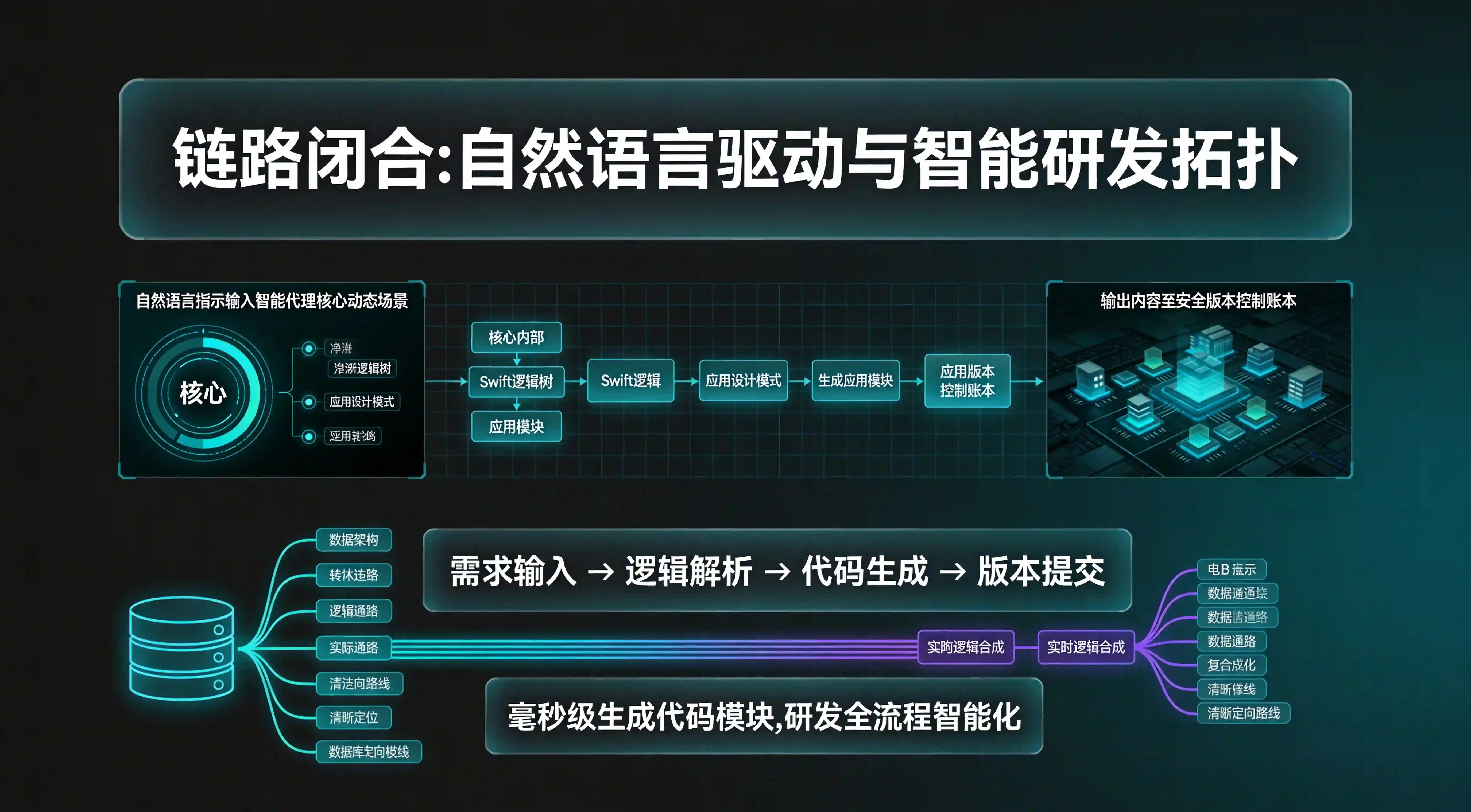 自然语言驱动代码生成、Swift底层逻辑映射与AI智能体研发工作流技术拓扑图