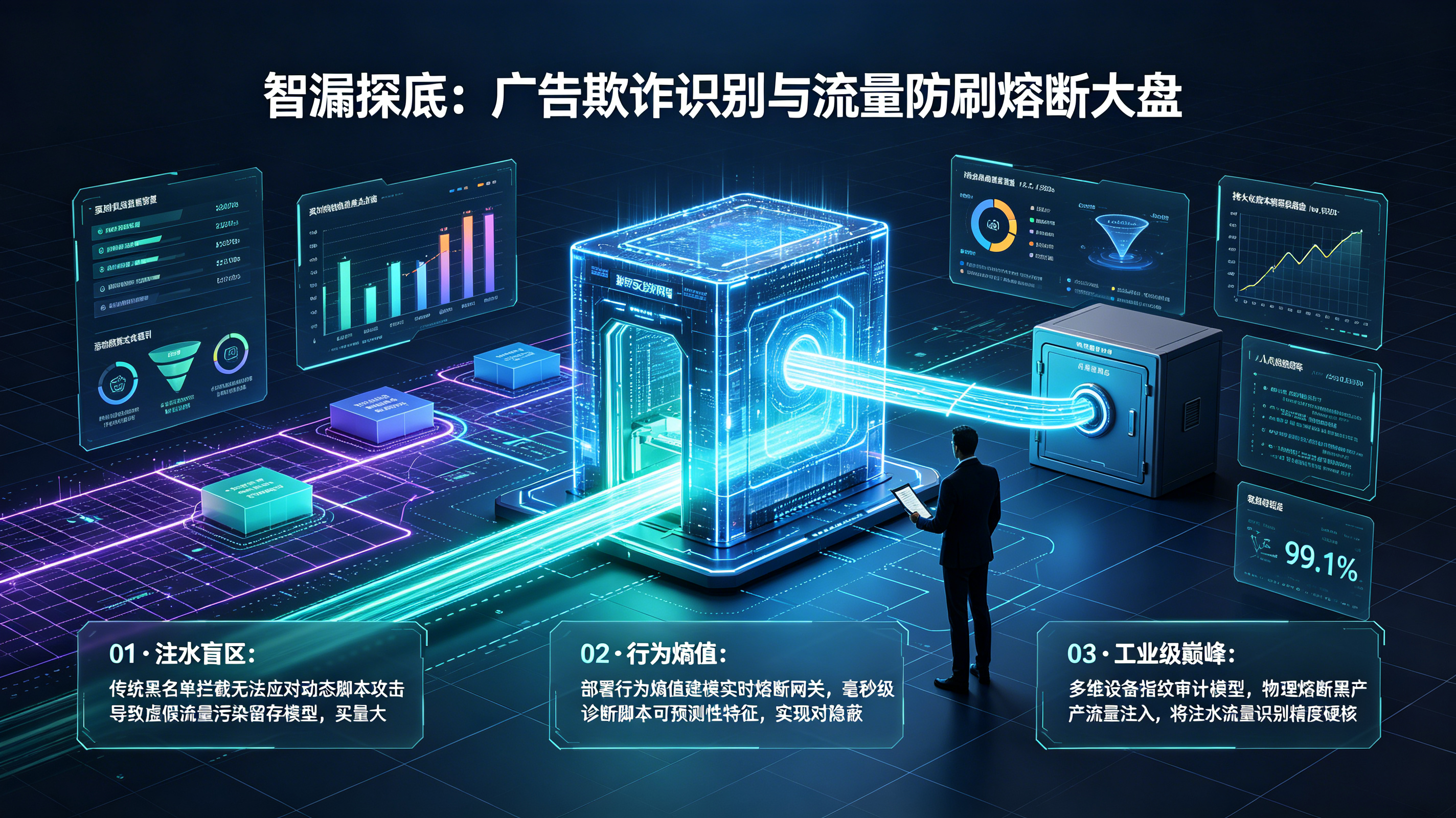 广告欺诈识别、流量防刷防线与全渠道实时熔断体系全景海报