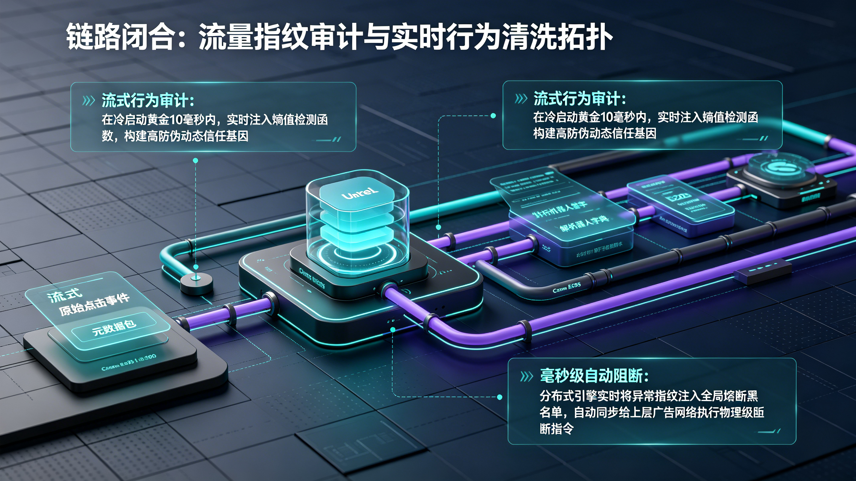 行为熵值实时诊断、分布式流式清洗网关与全链路自动化流量熔断技术管线拓扑图