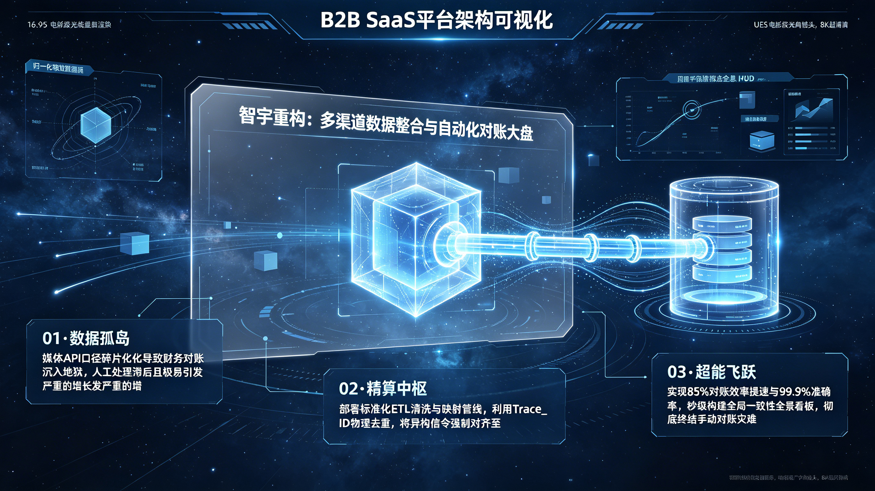 宇宙科技风&middot;多渠道数据整合与自动化对账全景总结海报