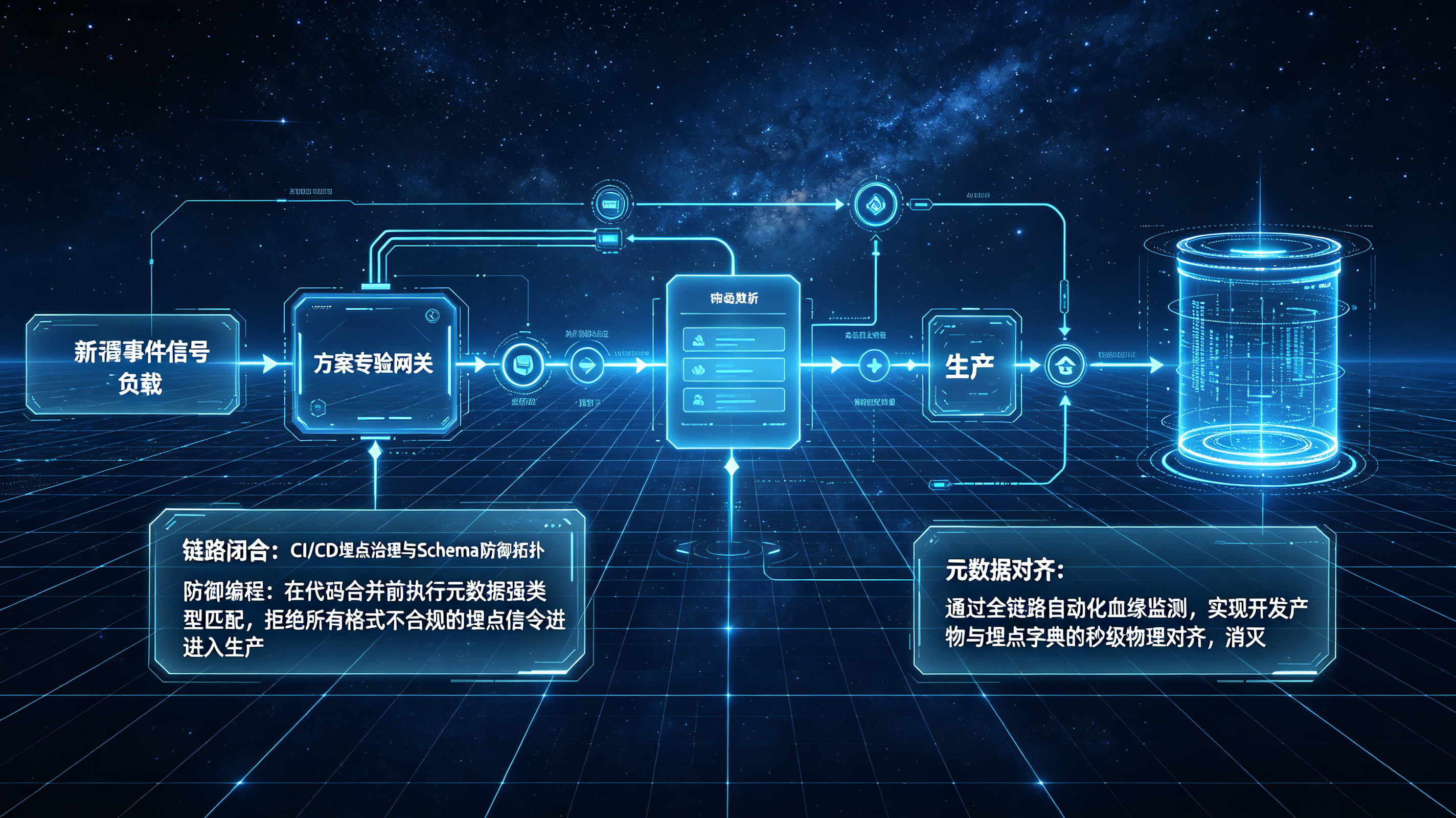 埋点元数据治理与自动化校验管线拓扑图
