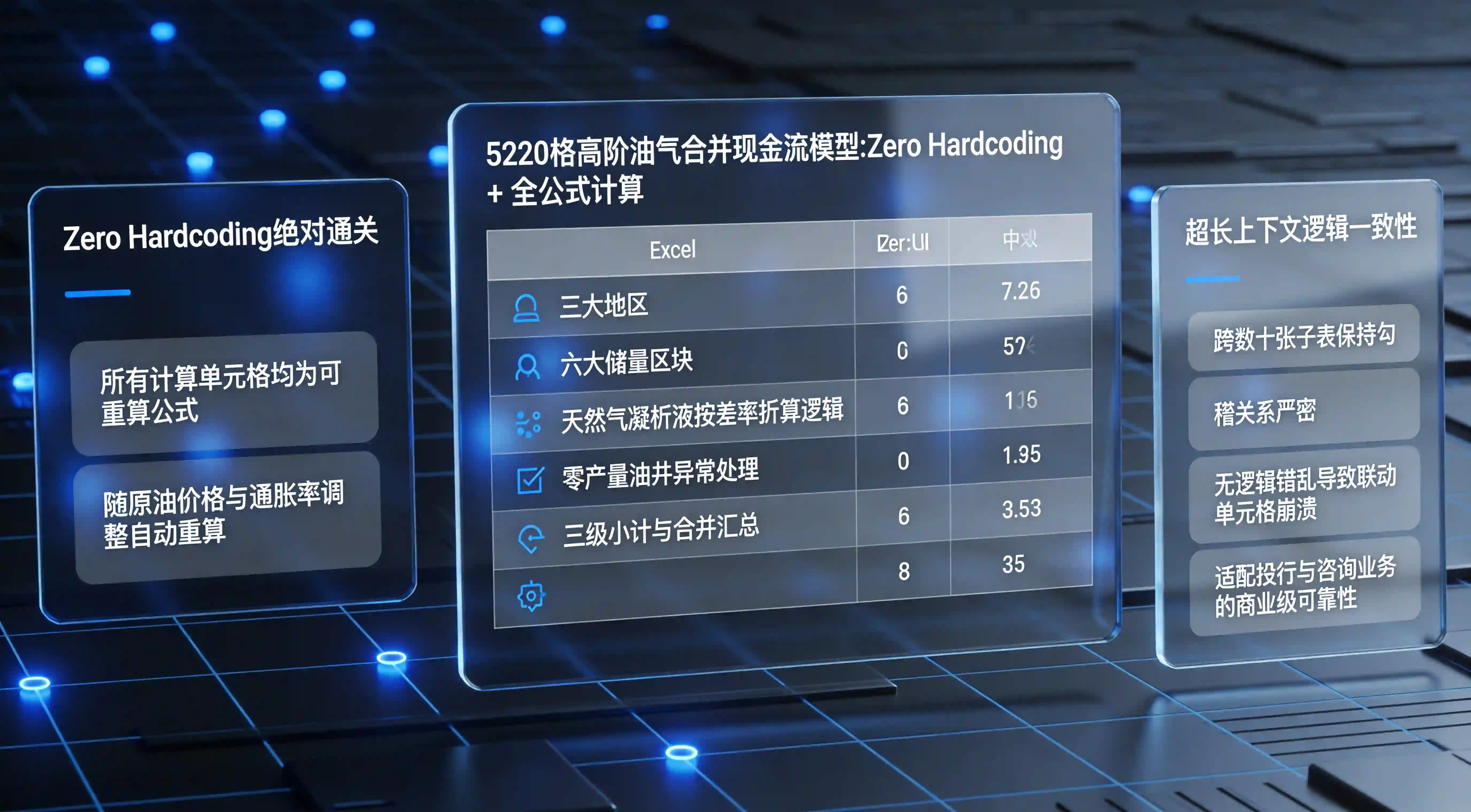 腾讯混元Hy3在为跨国油气公司生成5220格合并现金流模型时实现零硬编码与超长上下文逻辑自洽的能力示意图