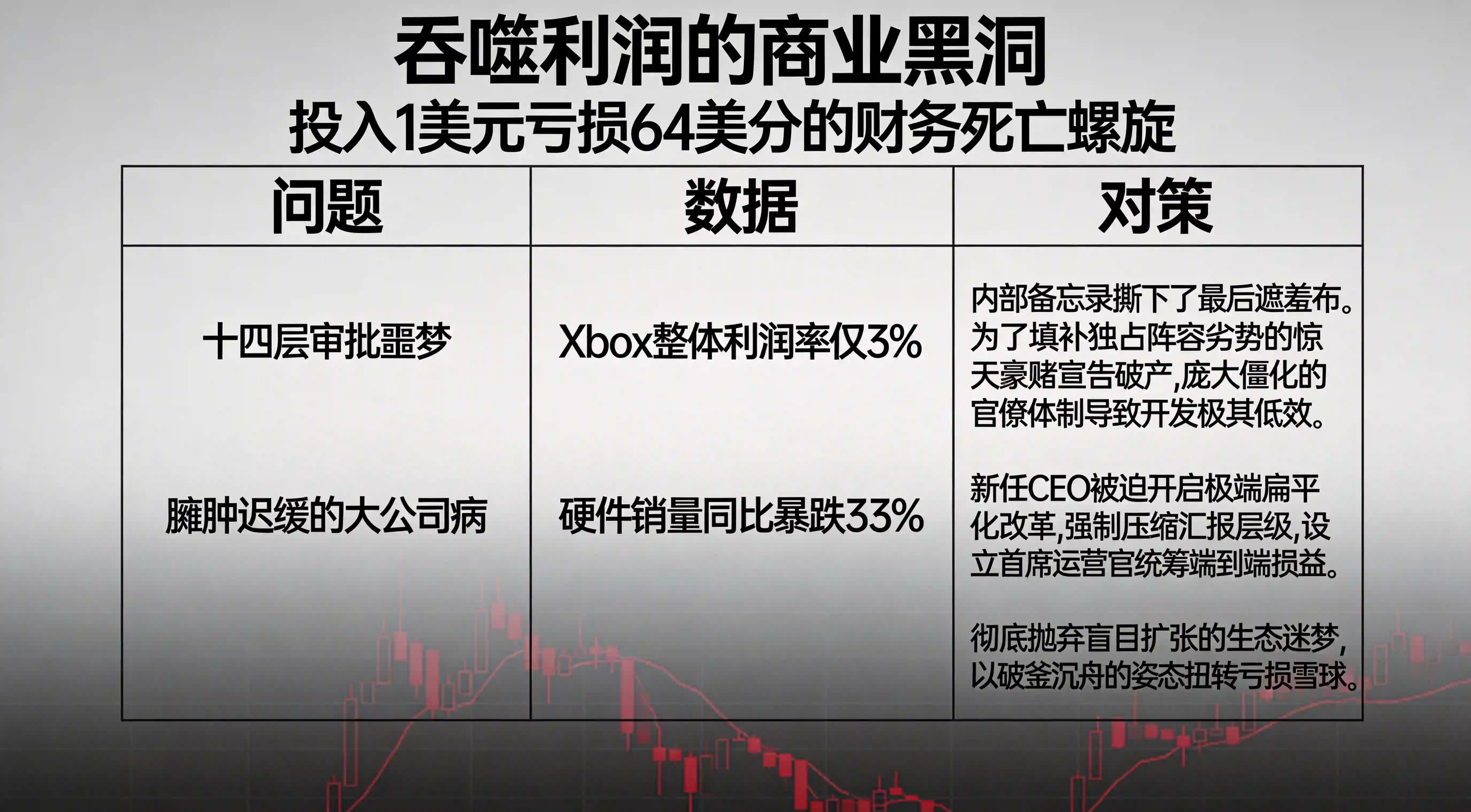 Xbox财务利润黑洞与极端扁平化组织架构清洗看板
