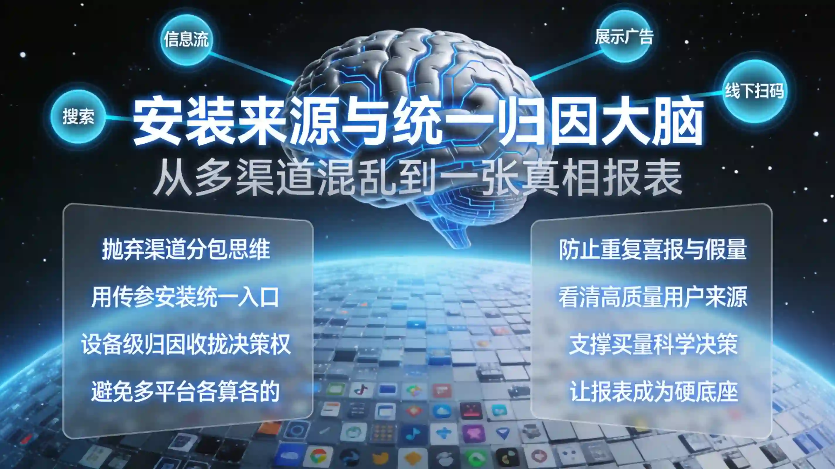 App安装来源统计与统一归因报表宇宙指挥中枢巨幕看板