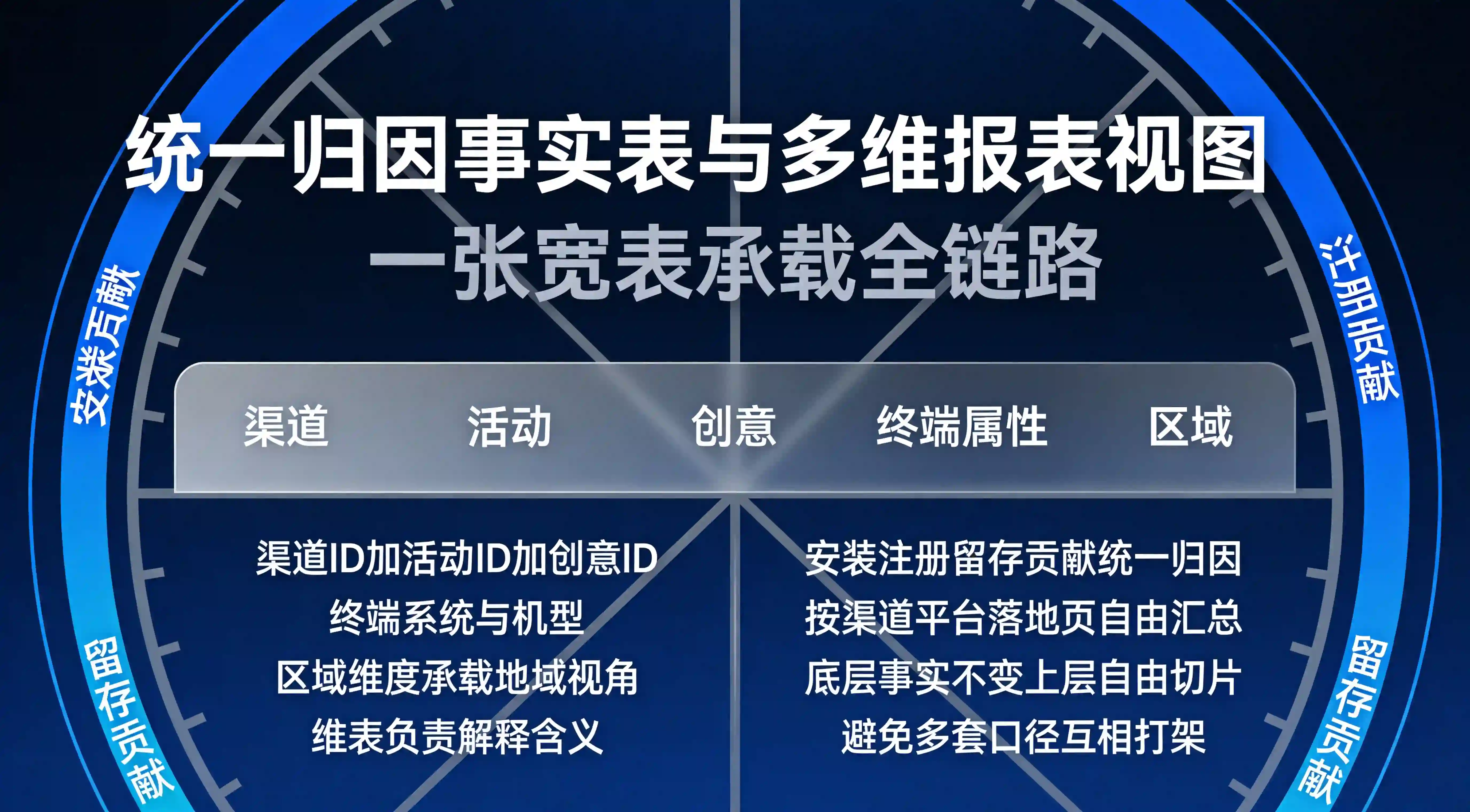 统一归因事实表与渠道活动创意终端区域多维报表星盘看板