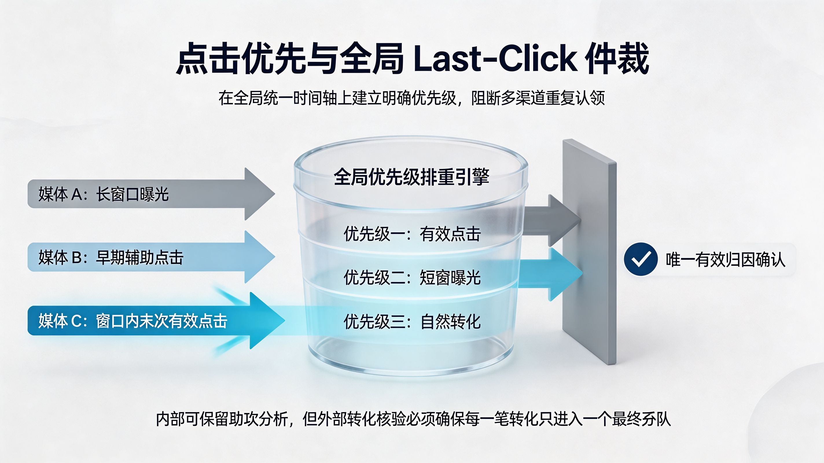 点击优先与全局 Last-Click 仲裁模型