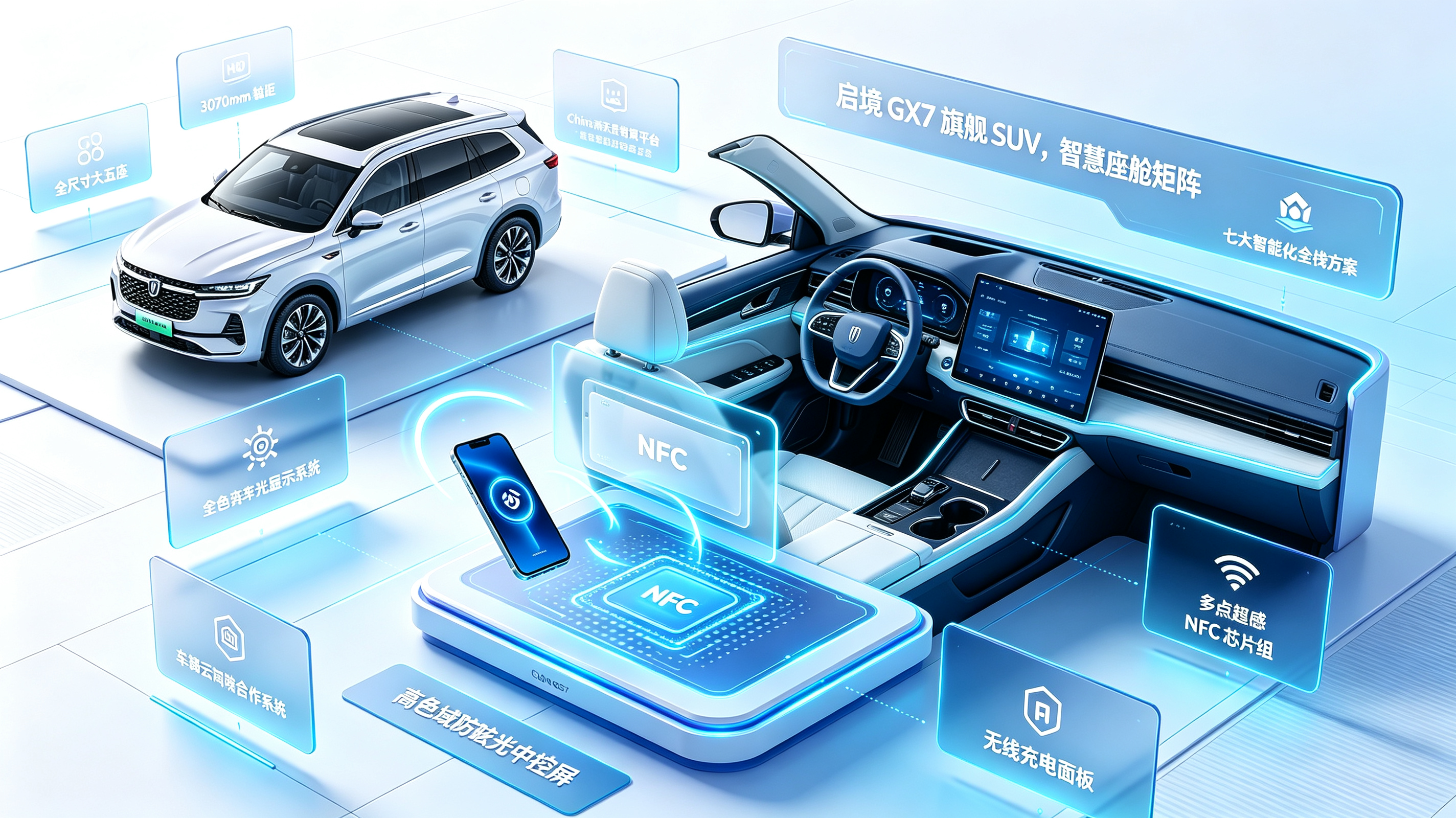 启境 GX7 旗舰中大型 SUV 智慧座舱矩阵与 NFC 一碰感应